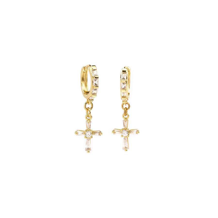 Gold Baguette Cross Drop Earrings - The Essential Jewels