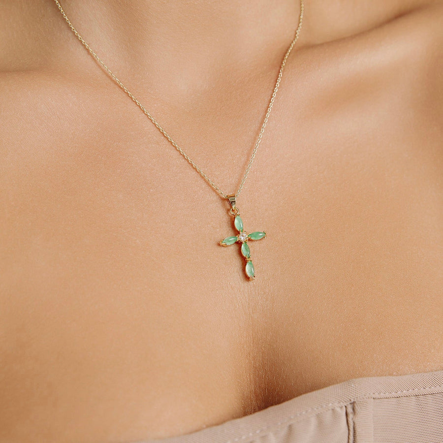 Gold Green Jade Cross Crystal Necklace - The Essential Jewels
