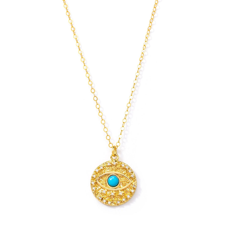 14kt Gold Evil Eye Blue Torquoise Coin Necklace - The Essential Jewels