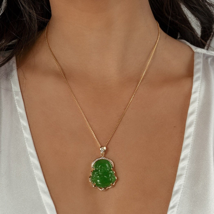 18kt Gold Green Jade Happy Buddha Necklace - The Essential Jewels