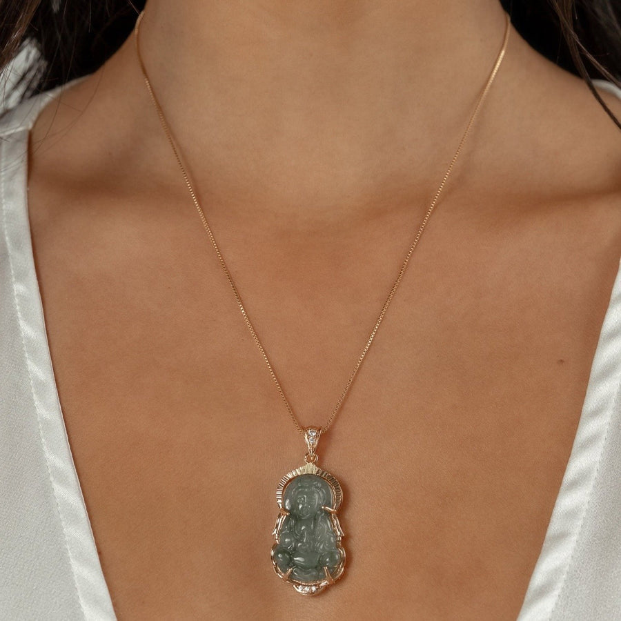18kt Gold Guan Yin Dark Jade Bodhisattva Necklace | The Essential Jewels