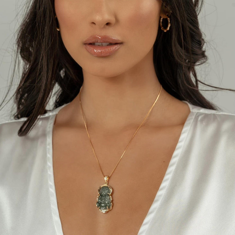 18kt Gold Guan Yin Dark Jade Buddha Necklace - The Essential Jewels