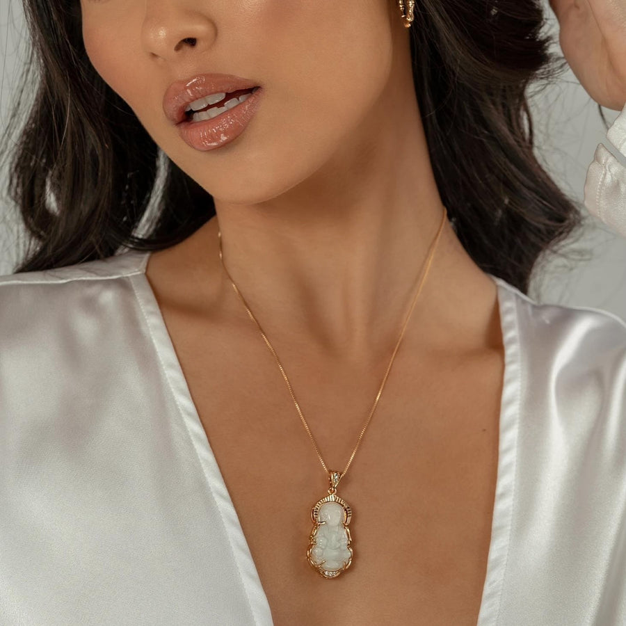 18kt Gold Guan Yin Light Jade Buddha Necklace - The Essential Jewels