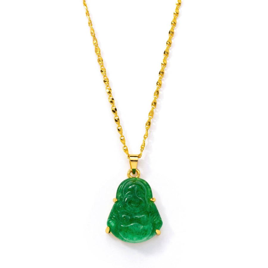 24kt Gold Green Jade Happy Buddha Necklace - The Essential Jewels