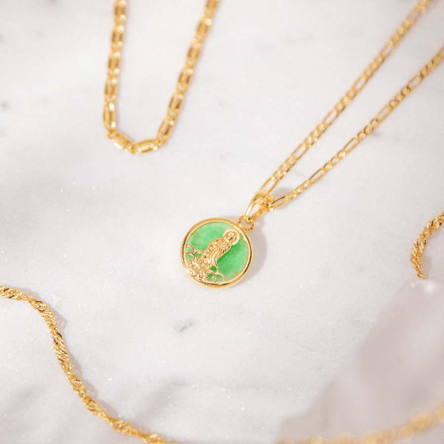 24kt Gold Mini Jade Guan Yin Buddha Necklace - Goddess of Mercy - The Essential Jewels