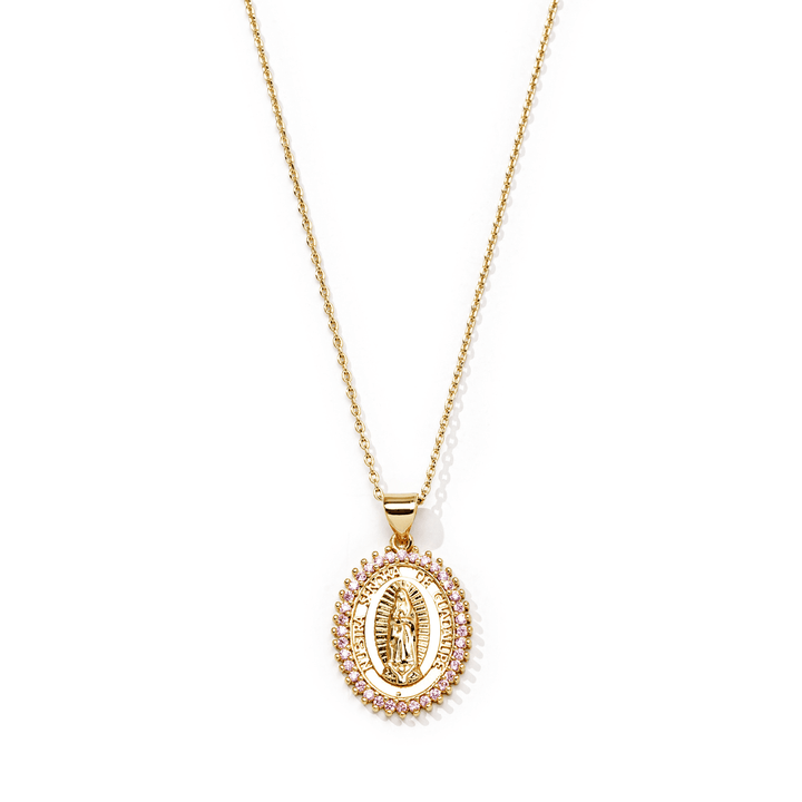 24kt Gold Mother Mary Necklace (Pink/Clear Crystal) - The Essential Jewels