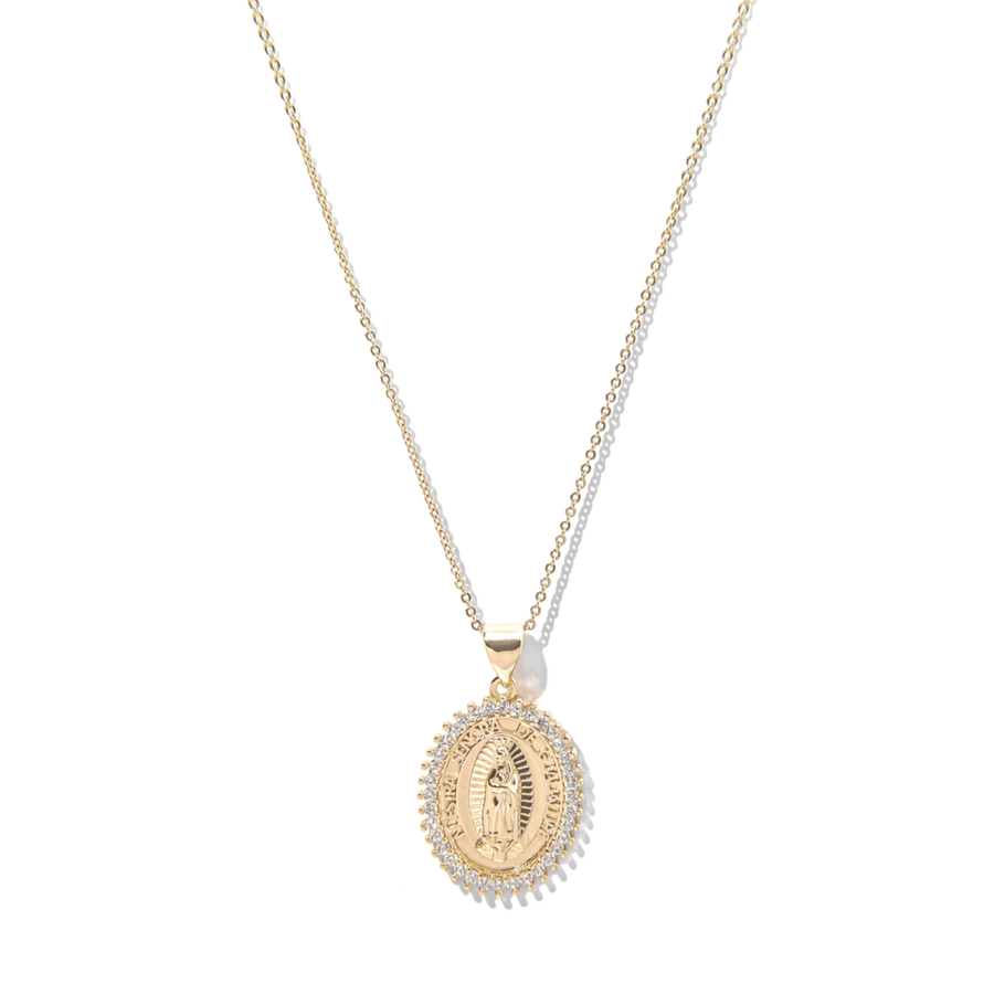 24kt Gold Mother Mary Necklace (Pink/Clear Crystal) - The Essential Jewels