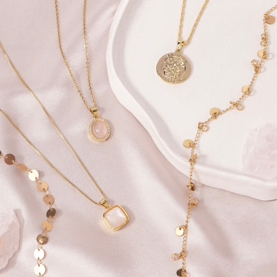 24kt Gold Rose Quartz Oval Crystal Necklace - The Essential Jewels