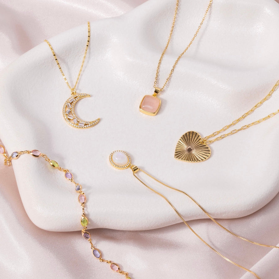 24kt Gold Rose Quartz Square Crystal Necklace - The Essential Jewels