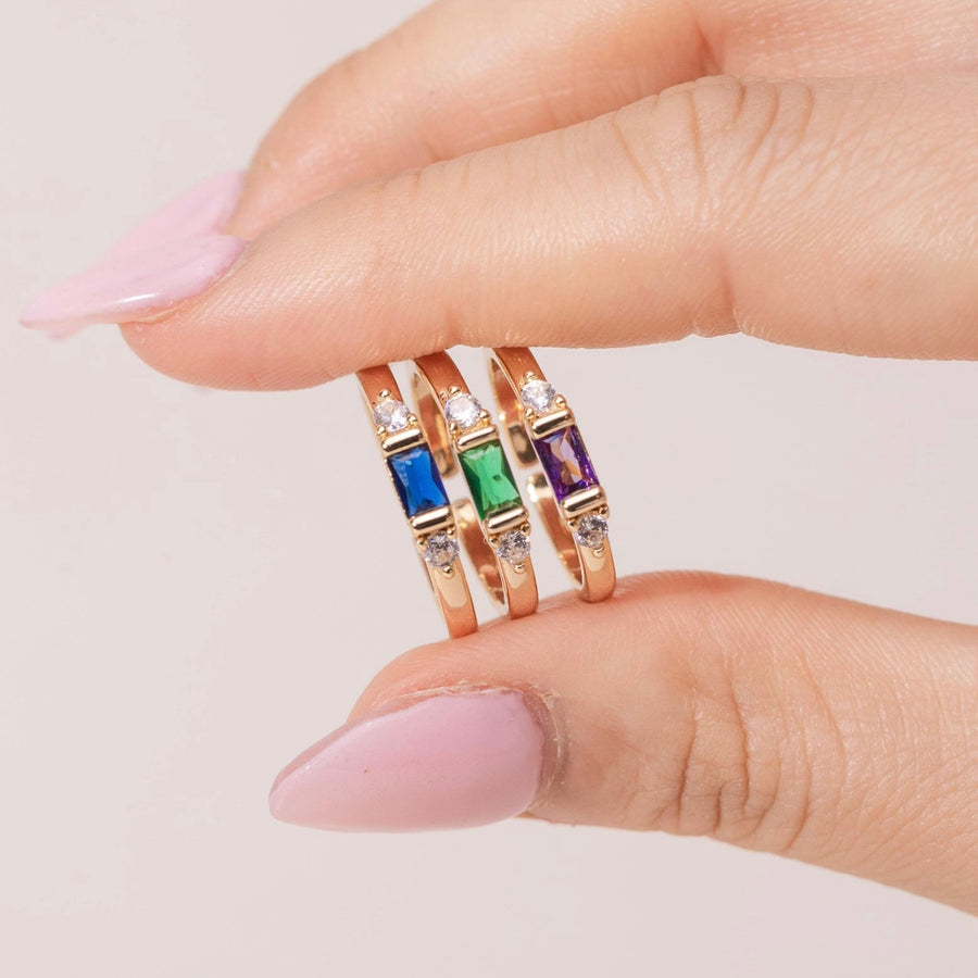 Delphine Gold Blue Baguette Crystal Stacking Ring - The Essential Jewels