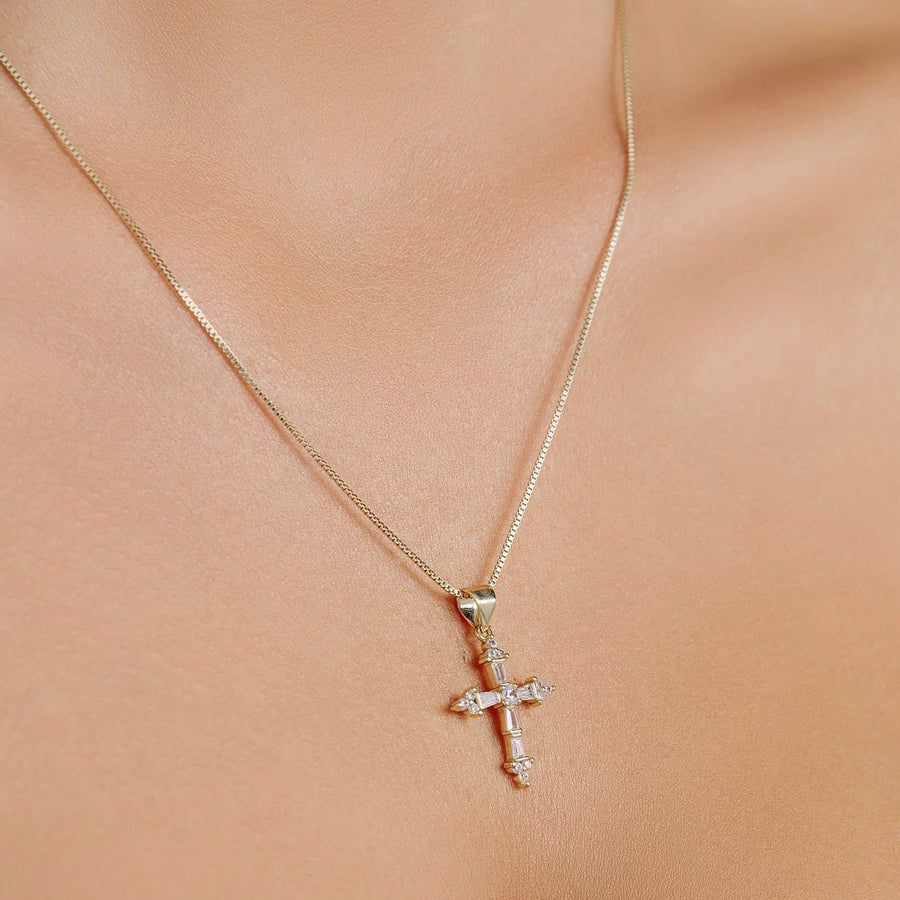 Gold Baguette Crystal Cross Necklace - The Essential Jewels
