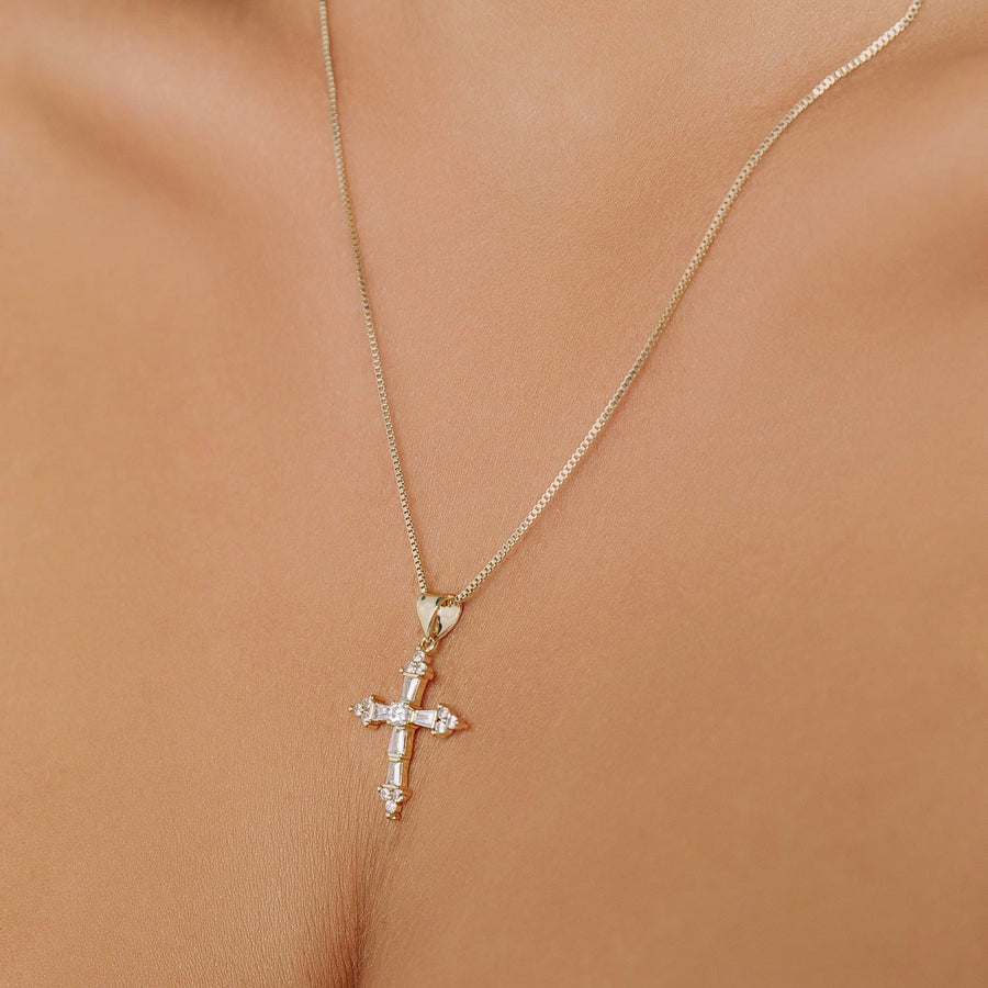 Gold Baguette Crystal Cross Necklace - The Essential Jewels