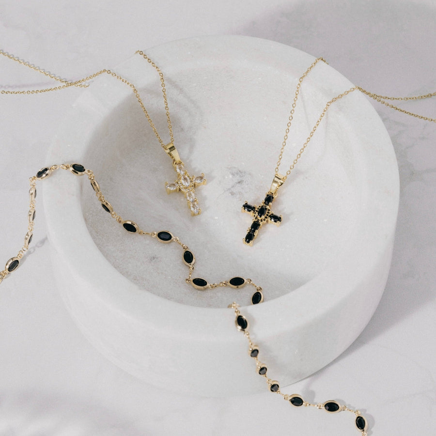 Gold Crystal Cross Necklace - Black/Clear - The Essential Jewels