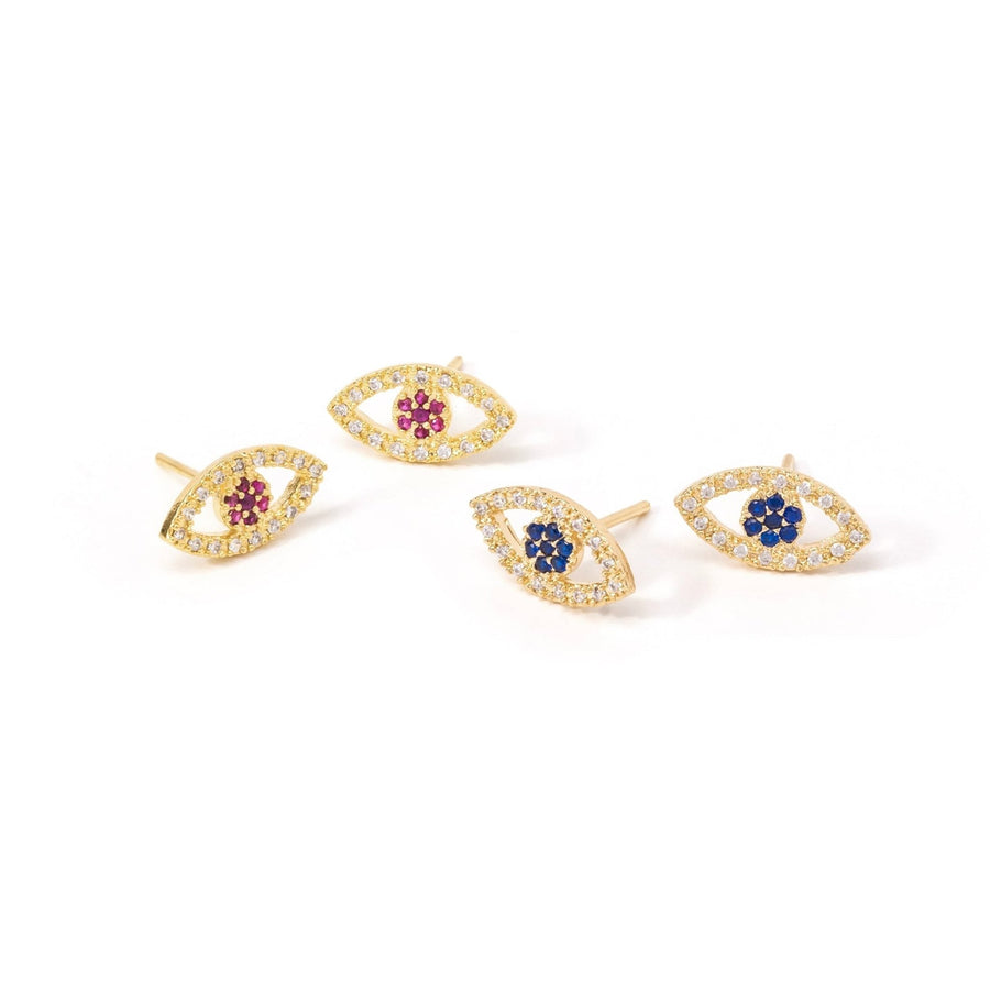 Nazar Gold Evil Eye Stud Earrings - Pink/Blue - The Essential Jewels