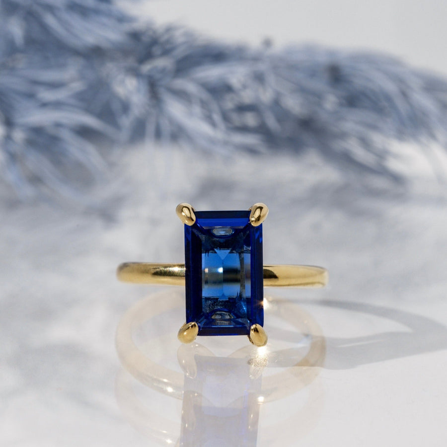 Neela Blue Sapphire Emerald Cut Gold Ring - The Essential Jewels